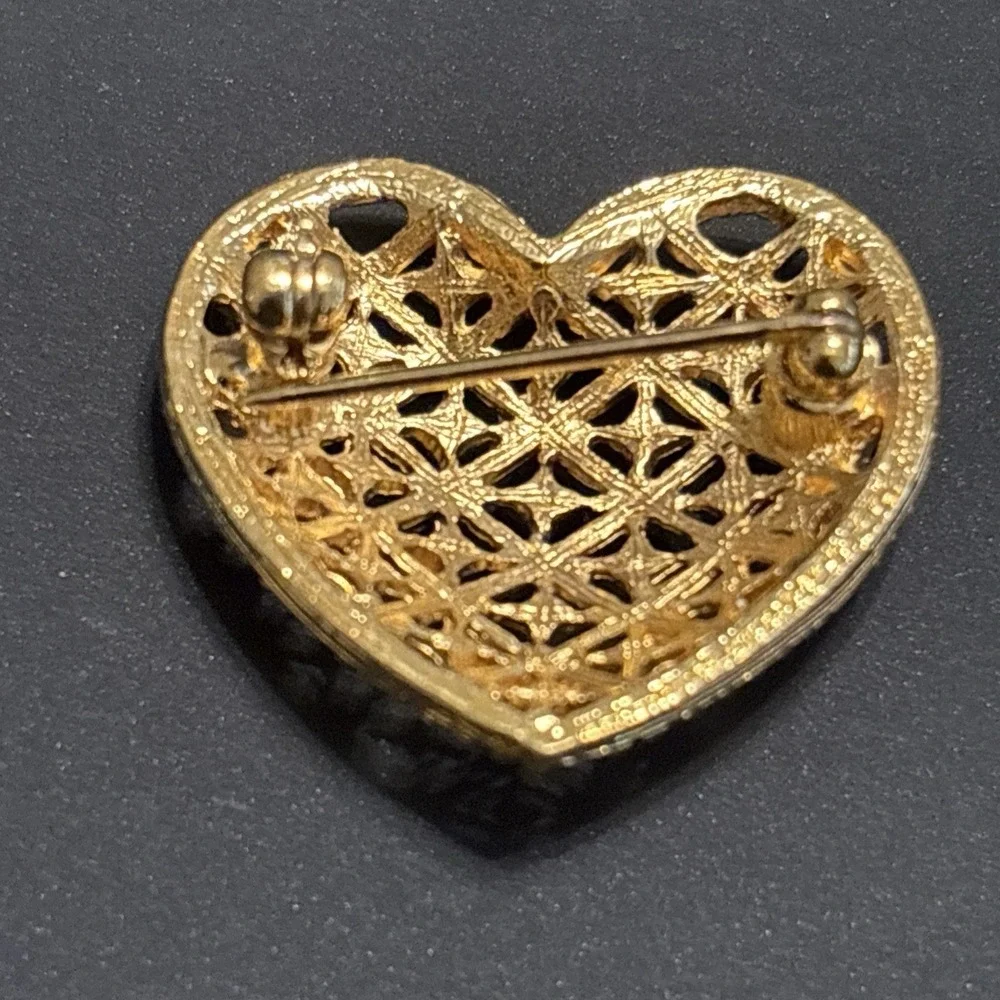 1980s Gold Tone Lattice Heart Brooch, Openwork Filigree Crystal Pin, Romantic